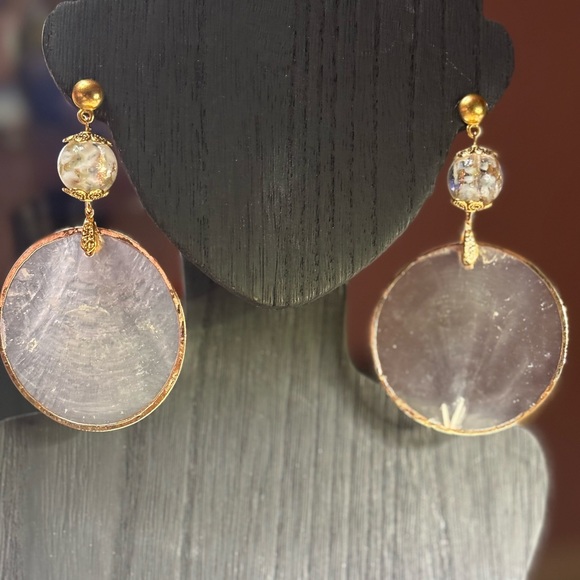 Handmade Beaded Earrings natural Capiz shells with gold and white lampwork beads - Picture 6 of 6